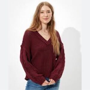 American Eagle Burgundy Sweater AE Cropped Pointelle Sweater V neck preppy boho